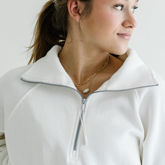 Women's Scuba Neck Half Zip Pullover Sweatshirt in Linen White