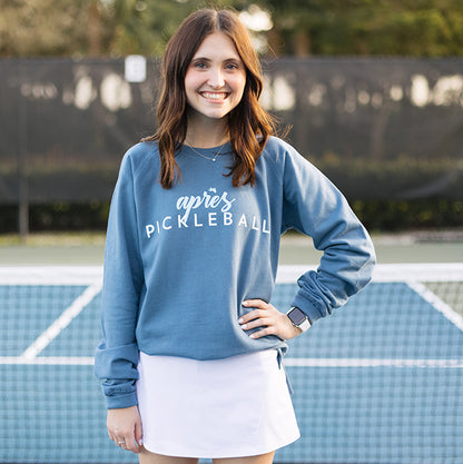 Apres Pickleball Women's Crewneck Sweatshirt Front Blue with White Skirt