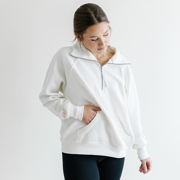 Women's Scuba Neck Half Zip Pullover Sweatshirt in Linen White