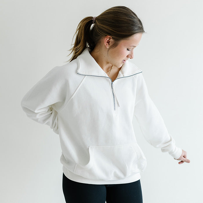 Women's Scuba Neck Half Zip Pullover Sweatshirt in Linen White