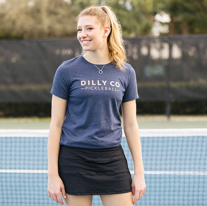 Womens Crewneck t-shirt with Dilly Co Logo and Third Shot Drop